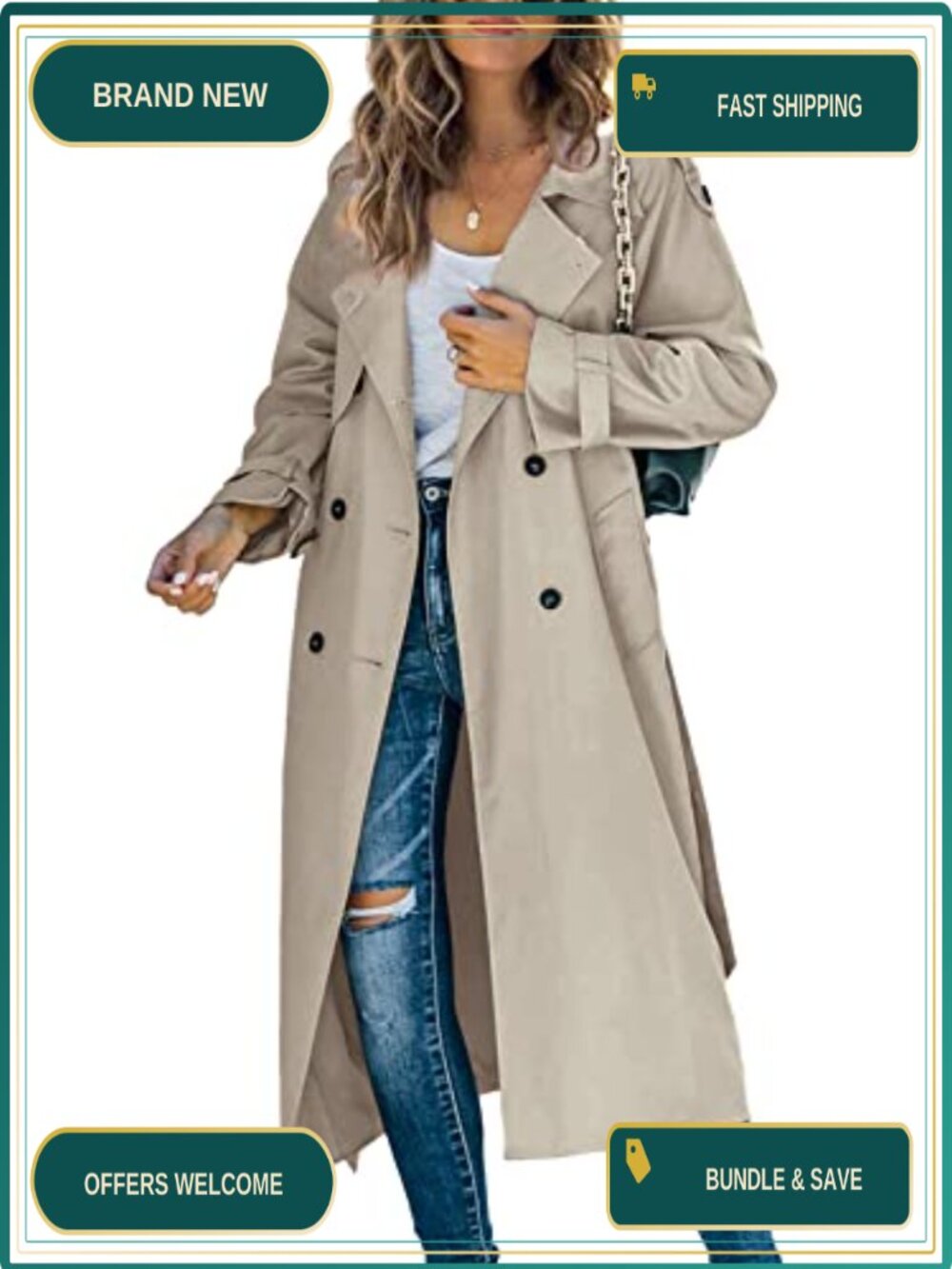 Women's Long Trench Coat Double Breasted Windproof Belted Overcoat